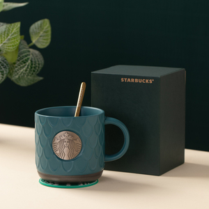 星巴克杯子限量版鱼鳞咖啡杯马克杯办公室桌面陶瓷铜章杯水杯礼盒