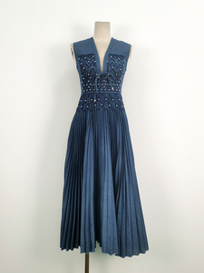 越南设计师重工牛仔百褶连衣裙女编织钉珠小众长裙气质蓝色小礼服