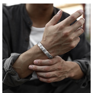 银手镯男款男士心经银色转运镯子貔貅手链复古手环饰品小众高级感