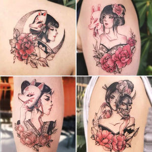 日系艺妓般若ins风花臂纹身贴防水女持久红玫瑰性感狐狸面具贴纸