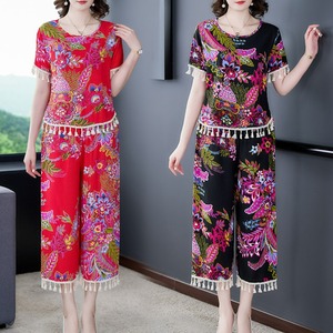 外贸品牌棉绸套装女民族风中国红喜庆妈妈夏装时尚外穿舞台表演服