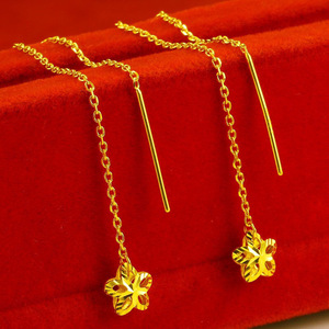 黄铜镀金花朵耳线越南沙金简约长款小花朵耳环时尚大气女士饰品