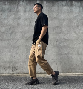 夏秋男款搭配椰子yeezy500的九分裤休闲水洗直筒宽松卡其色工装裤