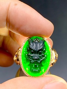 翡翠镶金龙头戒指 天然玉石a货冰种墨翠新款高档证书原创礼物0605