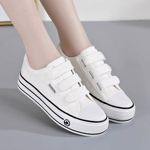 回力春秋魔术贴女帆布鞋厚底黑色布鞋韩版百搭女鞋平底休闲鞋学生