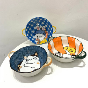 韩式双耳ins可爱卡通创意陶瓷碗家用学生泡面早餐麦片汤面沙拉碗