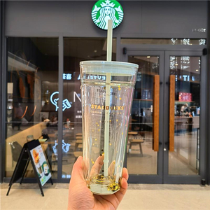 星巴克吸管杯薄荷绿切面双层玻璃小清新大容量水杯子隔热耐热喝水