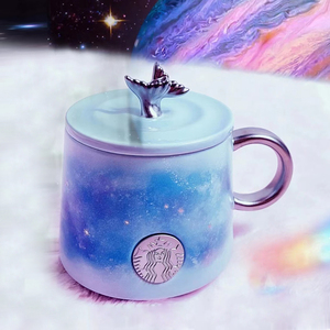 星巴克梦幻星空双鱼尾马克杯人鱼铜章牌陶瓷咖啡杯带盖勺杯子送礼