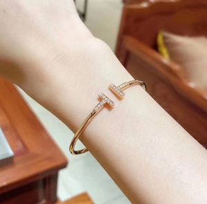tiffany蒂芙尼双t手镯18k玫瑰金镶钻无钻双tt型罗马男女情侣戒指