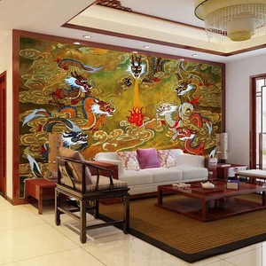 藏式唐卡九龙图墙纸佛堂浮雕壁画会客室大厅龙图案背景墙布定制