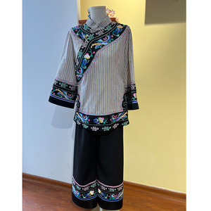 湘西花垣六耳格鹧鸪鸟双花民族风套装夏季立领苗族传统棉麻两件套