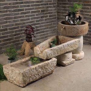 水景室内庭院摆件石槽鱼缸流水水槽石头花盆老牛槽磨盘旧石器组合