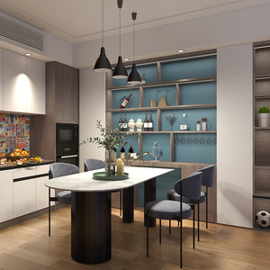 北欧轻奢中岛台一体开放式厨房餐桌亮面岩板意式吧台桌椭圆形饭桌