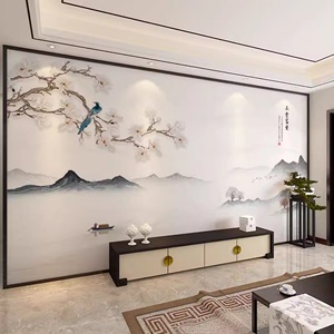新中式电视背景墙贴自粘壁布客厅沙发玉兰花鸟壁纸影视墙装饰壁画