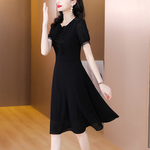 法式连衣裙黑色雪短袖雪纺女夏季2024年新款钉珠收腰气质中长裙子