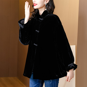 中式国风丝绒盘扣高级感小众气质黑色棉服外套女秋冬季2024年新款