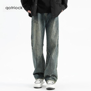 QOTRIOCK美式高街解构牛仔裤男夏季潮牌设计感宽松直筒裤休闲长裤