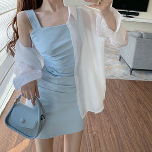 以纯夏季套装女2021新款褶皱吊带背心连衣裙 纯色百搭薄款衬衫两