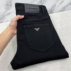 高端阿玛尼男士牛仔裤黑色加厚薄绒经典男装休闲直筒修身小脚裤子