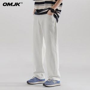 OMJK白色牛仔裤男夏季新款简约高级感纯棉裤子男宽松直筒休闲长裤