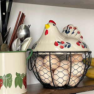 陶瓷鸡蛋篮水果篮杂物篮创意母鸡收纳铁编篮厨房收纳铁艺置物架