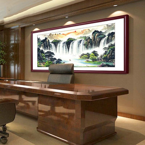 网红董事长老板桌办公桌背景画办公室山水字画背景墙鸿运当头靠山