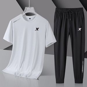 xtep/特步夏季运动套装男冰丝梭织跑步运动服宽松休闲凉感t恤套装