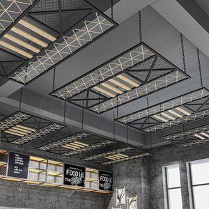 餐厅工业风铁网麻绳吊顶创意酒吧天花板铁艺木条复古简约装饰定做