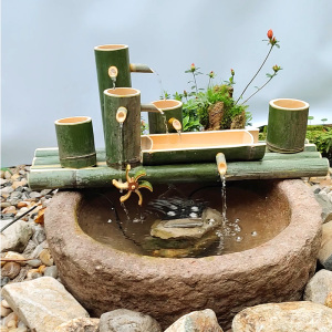 竹排流水摆件竹筒鱼池水循环系统水系景观造景竹竿装饰竹子流水器