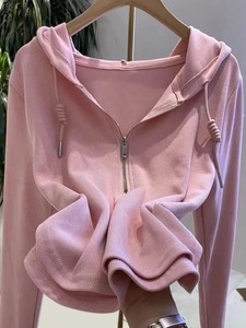 粉色连帽卫衣t恤女2024春秋季新款纯色宽松显瘦长袖休闲上衣外套
