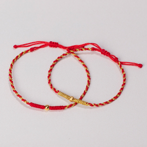 一生一世 黄金999足金转运珠手绳 小金珠编织红绳 本命年情侣手链