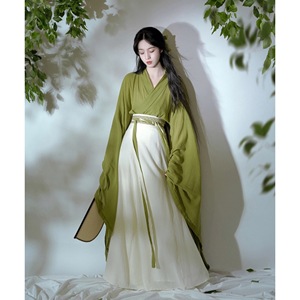 绿色魏晋风南北朝汉服古装女广袖流仙裙晋制古风大袖襦女款演出服