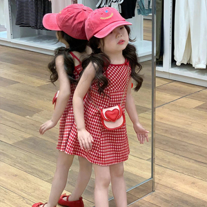多巴胺穿搭女童红色格纹吊带裙2024夏季新款小女孩甜酷系带背心裙