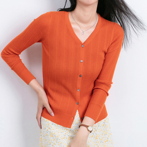 长袖羊绒开衫橙色镂空圆领针织衫女春季新款百搭外套山羊绒毛衣薄