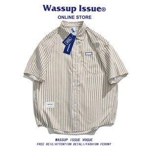 WASSUP ISSUE日系竖条纹短袖衬衫男夏季冰丝潮牌宽松休闲衬衣外套