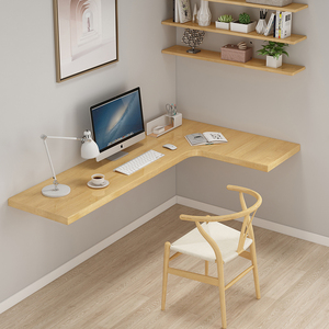 实木转角书桌书架一体小户型家用墙拐角写字台子简易悬挂浮空L型