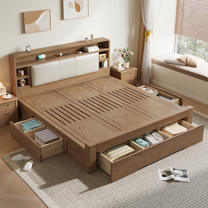 全实木白蜡木储物1.8x2.0米主卧双人大床现代简约1.5米收纳高箱床