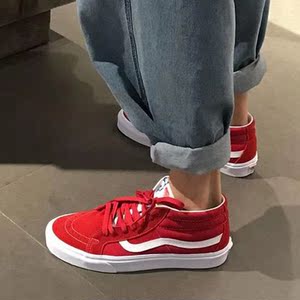 万斯sk8mid中帮红色帆布鞋男秋冬新款红白高帮韩版休闲防滑板鞋女