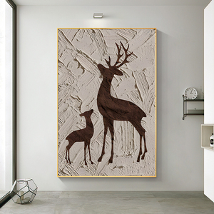 招财梅花鹿玄关油画动物肌理画侘寂风手绘装饰画丙烯画客厅挂壁画