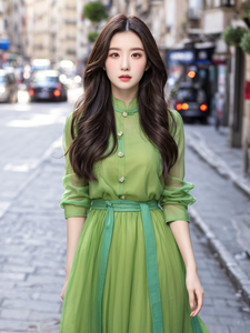 新中式轻国风绿色雪纺假两件连衣裙改良汉服日常可穿气质收腰长裙