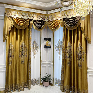 豪华欧式别墅客厅窗帘卧室飘窗拐角阳台宫廷大气金色花边高档绒布