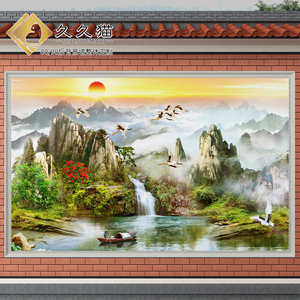 tb859166914淘宝室外庭院照壁瓷砖背景墙泰山日出影背墙风水画户外