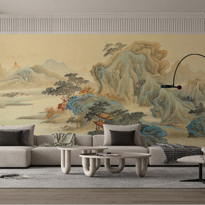 现代中式意境大气山水画壁纸客厅沙发背景墙大堂酒店定制壁画墙纸