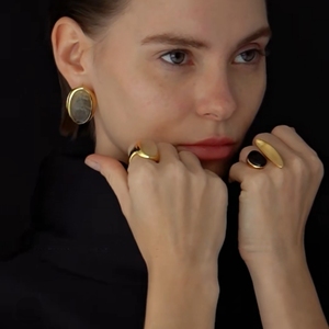 天然黑玛瑙粉水晶异形开口戒指小众设计欧美夸张时尚高级感指环女
