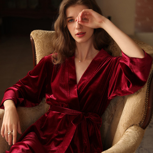 结婚睡衣女新娘晨袍高级感婚礼伴娘2022年新款性感金丝绒红色套装