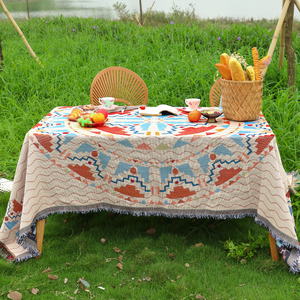 户外露营野餐桌布防晒ing民族风棉麻布艺花园庭院茶几台布长方形