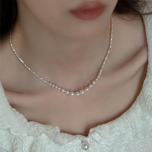 天然淡水珍珠纯银锁骨链碎银子项链月牙微笑颈链女法式轻奢高级感