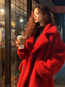 红色羊羔毛外套女冬季2023新款高级感炸街长款加厚羊剪绒大衣棉服