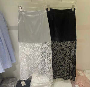 十三行夏季新款韩版洋气小众设计高腰PU皮拼接蕾丝网纱半身裙女