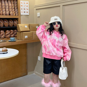 gaga噶嘎中大童宝宝儿童连帽加绒加厚粉色渐变卫衣女亲子装童装冬